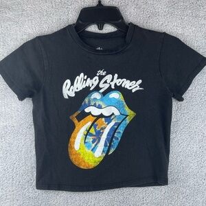 The Rolling Stones Black Crop Top with Blue and Yellow Tongue Graphic